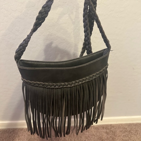 Mellow World Handbags - Black Fringe Shoulder Bag with Braided Strap